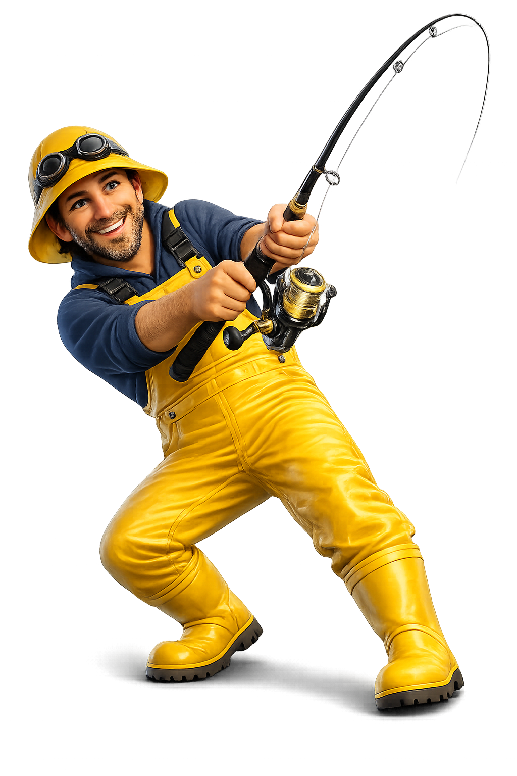Fisherman mascot reeling in