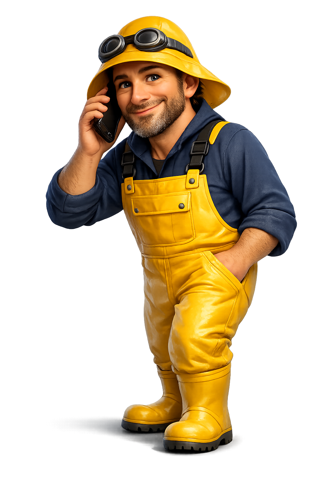 Fisherman mascot on the phone